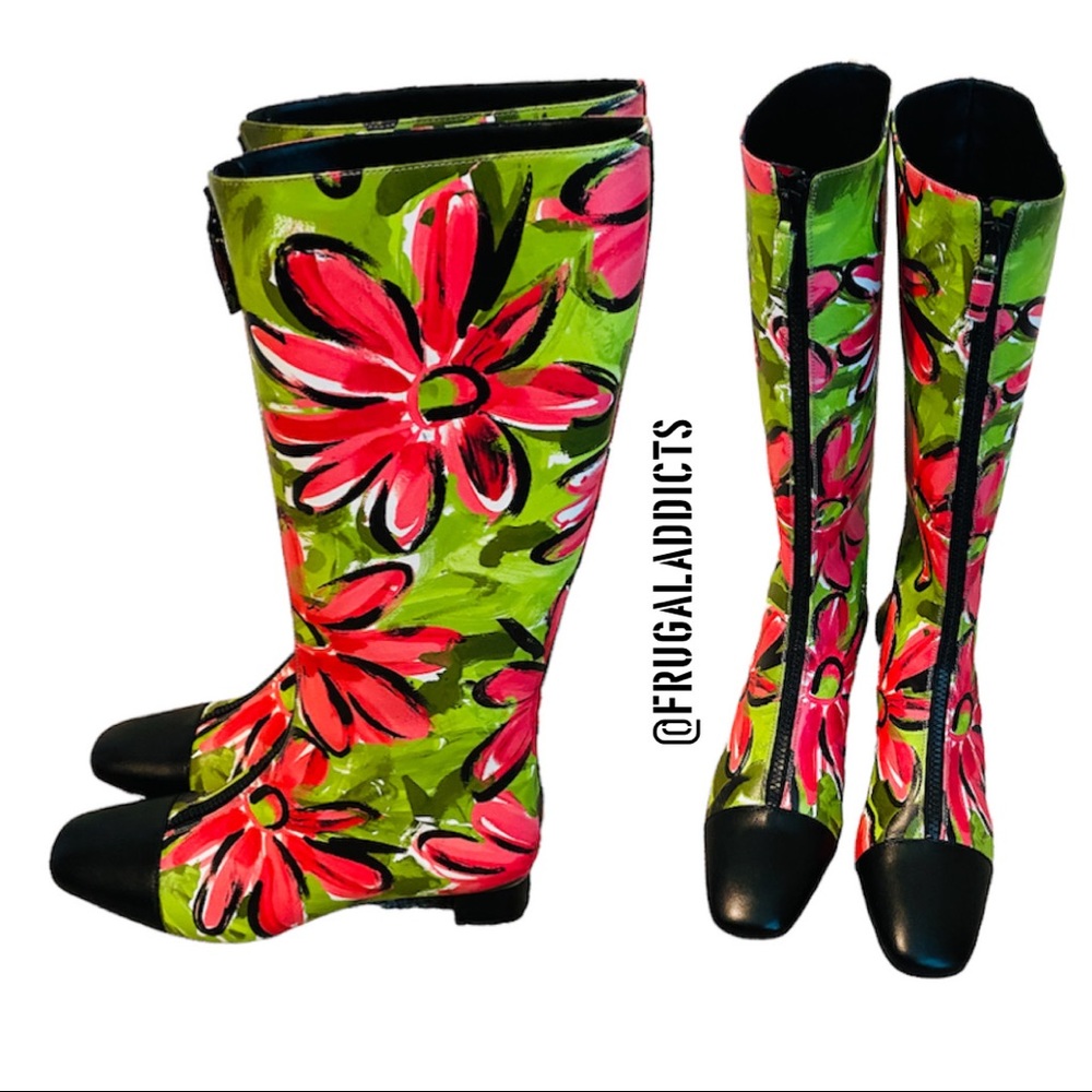 Michael Kors Collection Anita Runway Floral Print Full Calf Leather Knee Boots